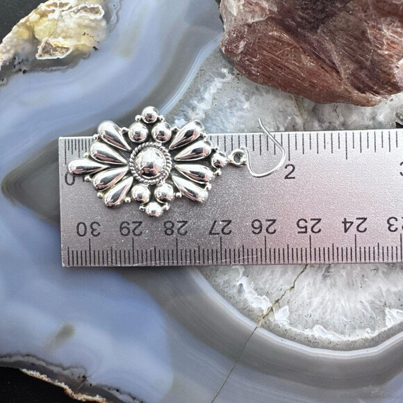 Southwestern Style Sterling Silver Floral Decorated Dangle Earrings For Women - Picture 10 of 10